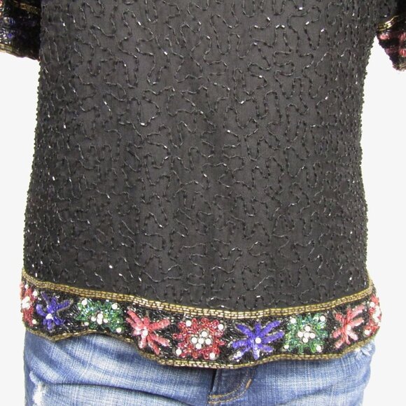 VTG 80s 90s SILK Beaded Sequin GLAM Holiday Event Party Kazar Blouse Top PL - Picture 4 of 12